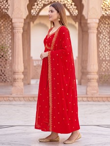 Traje Anarkali de mezcla de seda bordada con dupatta, vestido largo hasta el suelo con vuelo, ropa étnica elegante, festiva, estructurada y tradicional. - Product Image 2