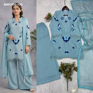 Ensemble de costume-palazzo à manches longues en organza doux et élégant, orné de broderies multi-fils, de découpes, de perles et d'une bordure fantaisie – Vente en gros - Product Image 5