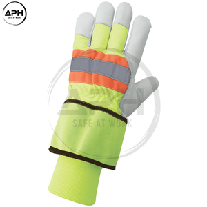 Guantes de Trabajo Personalizados de Alta Visibilidad con Puño Largo Verde Lima, Palma de Cuero Blanco y Detalle Naranja, Servicio OEM ODM - Product Image 2