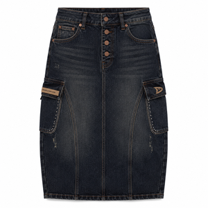 Falda Cargo Vaquera Vintage para Mujer Y2K, Cintura Alta, Índigo Oscuro, Midi, Estilo Urbano, con Bolsillos y Cierre de Botones, para Todas las Estaciones - Product Image 1