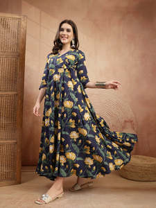 Floral Printed Rayon <b>Kurti</b> For Women Casual Wear Spring Summer Ethnic Style Breathable Chiffon Dress With V Neck And Three Quart - Product Image 3
