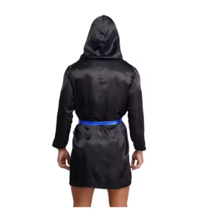 PROFIT SPORTS Robe à capuche en satin noir avec bordure bleue en polyester, tenue d'entraînement d'arts martiaux pour hommes, toutes saisons, coupe confortable, respirante - Product Image 3