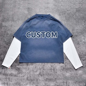 Camiseta de Manga Larga de Doble Capa de Alta Calidad para Hombre, Cuello Redondo, Ribete en Contraste, Algodón Tejido, Color Sólido, Estampado de Letras en la Parte Delantera - Product Image 1