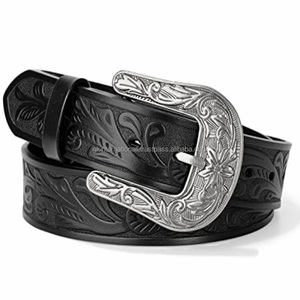 Cinturón occidental para hombres y mujeres cinturón de herramientas manuales de cuero negro vintage con grabado floral para vaquera - Product Image 6