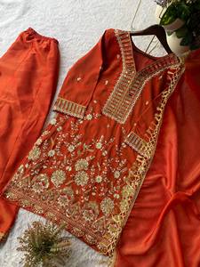<b>Red</b> <b>Silk</b> Traditional Indian Pakistani Wedding Dress With Mirror Embroidery And Tassels Floor Length Women's Formal Attire - Product Image 5
