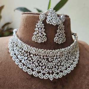 American Diamond Bridal Jewelry Set Rhodium Plated Choker Earrings Tikka - Product Image 3