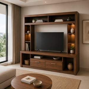 Modern Solid Teak Wood Entertainment Center TV Wall <b>Unit</b> Living Room <b>Display</b> Cabinet Storage <b>Shelf</b> Home Furniture - Product Image 2