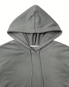 Women's Gray Short Cropped Hoodie Long Sleeve Drop-Shoulder Solid Fleece Breathable Knitted Casual Winter Style Pockets Front - Product Image 3