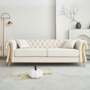 Divano Chesterfield Moderno 89 W in Velluto Beige Trapuntato per Soggiorno con Due Cuscini e Due Cuscini Decorativi - Product Image 1