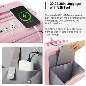 20-Inch Front Opening for <b>Pink</b> ABS Hard Shell Carry-On <b>Luggage</b> Set Expandable Two-Piece Suitcase with USB Port Cup Travel Bag - Product Image 4