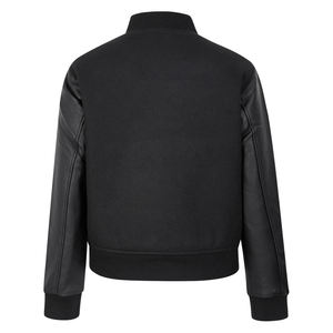 Men's Black Bomber <b>Jacket</b> With PU Leather Sleeves Stand Collar Casual Style Autumn Wear - Product Image 2