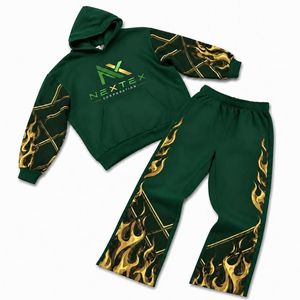 Ensemble sweat à capuche et pantalon de survêtement personnalisé pour homme, imprimé flamme, 2 pièces, tenue streetwear hiver, style hip-hop, survêtement polaire - Product Image 5