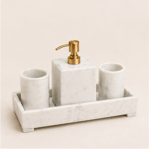 Ensemble d'accessoires de salle de bain en marbre blanc naturel 5 pièces avec pompe en laiton doré, articles de luxe faits à la main pour hôtel, décoration moderne pour la maison - Product Image 2