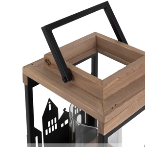 Wooden Top Metal Lantern With City Silhouette Design For Home Decoration - Product Image 3
