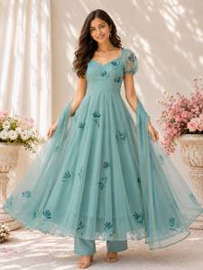 Georgette anarkali ชุดสูทที่มีปีกขนาดใหญ่พร้อมกางเกงและมือพิมพ์ georgette dupatta พร้อมที่จะสวมใส่ชุด - Product Image 3