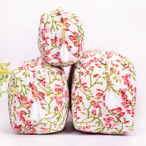 Wholesale Eco-Friendly Luxury Cotton <b>Makeup</b> Bag Zipper Block Printed Design Large Capacity Storage for Cosmetic Accessories - Product Image 1
