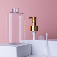 Flacon pompe carré transparent en PET 300/500 ml avec pompe dorée 28 mm pour shampoing, après-shampoing, soin des cils et gel douche – Emballage cosmétique