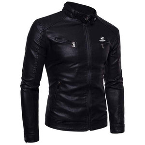 Chaqueta de cuero negra para hombre, estilo motociclista, corte ajustado, cuello alto, con cremallera, abrigo de invierno cálido, estilo béisbol personalizado - Product Image 5