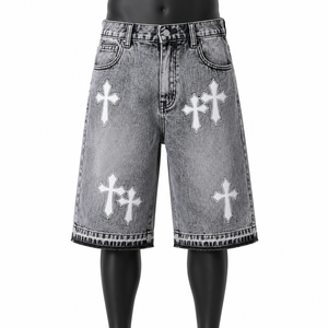 Pantalones Cortos Vaqueros Personalizados con Estampado Cruzado para Hombre, Estilo Vintage Lavado, Holgados, Streetwear, OEM ODM, Marca Privada, Venta al por Mayor - Product Image 1