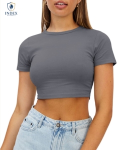 INDEX APPAREL Women's Gray Crop <b>Top</b> T-Shirt O-Neck Short Sleeve Slim Fit Solid Color Casual Spring Summer Wear - Product Image 1