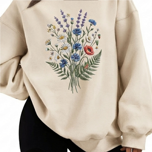 Sweat-shirt pour femmes avec fleurs brodées, coton biologique, fibre de bambou, léger, surdimensionné, décontracté, streetwear - Product Image 5