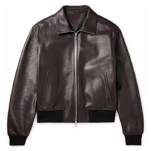 Blouson aviateur en cuir véritable pour homme, col rabattu, fermeture éclair, couleur unie, décontracté, imperméable, coupe régulière, hiver - Product Image 1