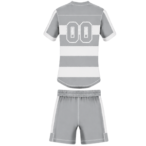 <b>Light</b> Grey White Short Sleeve Rugby Uniform Set Crew <b>Neck</b> Striped Rugby Jersey Drawstring Shorts Athletic Performance Training - Product Image 2