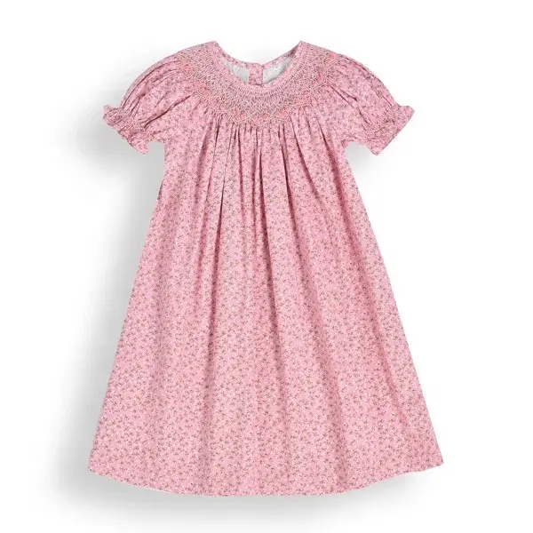 فتاة ملابس عصرية اليد Smocked القطن الوردي أزياء للبنات مطبوعة مع طفل زهرة الزخارف
