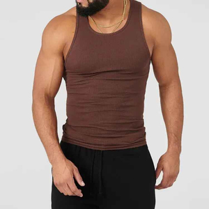 Camiseta sin mangas de punto acanalado beige para hombre 2026 al por mayor, cuello redondo, color liso, transpirable, informal, teñido liso - Product Image 5