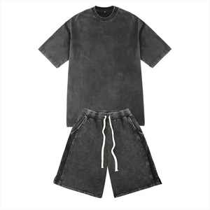 Conjunto de Camiseta y Pantalones Cortos de Algodón con Lavado Ácido para Hombre, Logotipo Personalizado, Cuello Redondo, Estilo Casual de Verano, Camiseta Transpirable de Manga Corta - Product Image 3