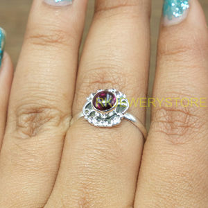 Natural Red Garnet Gemstone 925 Sterling <b>Silver</b> Handmade Floral <b>Boho</b> <b>Ring</b> for Women Round Cabochon Garnet <b>Silver</b> Statement <b>Ring</b> - Product Image 3