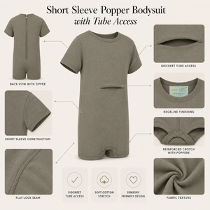 Body de Tirantes Color Gris Oliva |   Ropa Sensorial Especial para Niños, Prendas Inclusivas con Acceso por Tubo, Mangas Cortas, Algodón Elástico, Unisex - Product Image 3