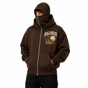 Wholesale Brown Halloween Pumpkin Graphic Full <b>Zip</b> Mask Hoodie Oversized <b>Hooded</b> Sweatshirt with Face Cover Unisex Fashion Hoodie - Product Image 1