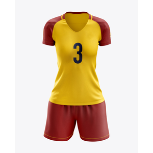 Custom Brand Team Sportswear Uniform Sublimated Women Soccer Jersey for Sale <b>Red</b> and Yellow Color Shirt Shorts Football Kit - Product Image 1