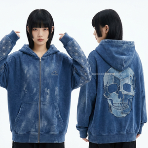 เสื้อฮู้ดดี้ผ้าฝ้ายพรีเมียม 400GSM สำหรับผู้หญิง สีน้ำเงิน แต่งผ้าเดนิมลายกราฟิกหัวกะโหลก ปักลายซาชิโกที่แขนเสื้อ สไตล์สตรีทแวร์ - Product Image 1