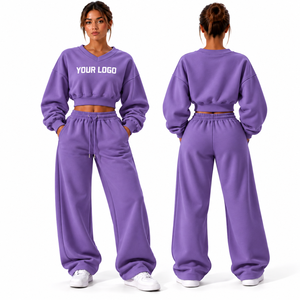 High Quality Women's 2 Piece et Tracksuits <b>Jogger</b> Two Piece Pants Set Sweatpants and V Neck <b>Cropped</b> Sweatshirt Set - Product Image 2