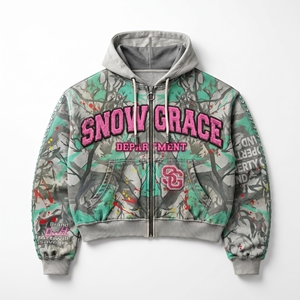 Snow Grace <b>Cropped</b> <b>Zip</b>-<b>Up</b> <b>Hoodie</b> Unisex Oversized Fit Streetwear Print Design With Pocket And Distressed Details - Product Image 1