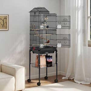 Grande Gabbia per Uccelli in Metallo da 62 Pollici con Supporto su Ruote, Vassoio Estraibile, 3 Posatoi e 4 Mangiatoie - Nera - Product Image 1