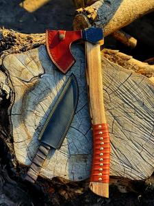 High Quality Outdoor Camping Axe and Fixed Blade Knife <b>Set</b> with Wooden Handles Orange and Brown Grip Husband anniversary <b>gift</b> - Product Image 4