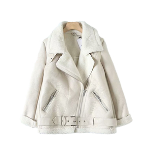 Veste moto en cuir PU pour femme, col montant, manches longues, fermeture éclair, couleur unie, veste de motard, hiver, coupe-vent, fausse fourrure épaisse - Product Image 1