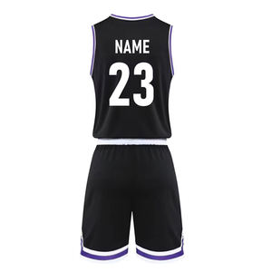 Ensemble de maillots de basket-ball unisexe sans manches, col rond, noir avec bordure blanche et violette, numéro 23, impression sublimée, polyester à séchage rapide - Product Image 5