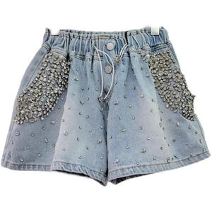 High Waist Denim Shorts With Rhinestone Beading And Sequined Pockets Loose Fit Casual Summer Style - Product Image 1