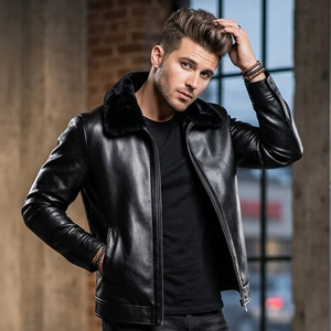 Custom Men Black Leather <b>Jacket</b> Faux Fur Collar Premium Winter <b>Jacket</b> Casual Luxury Outerwear Style For Unisex - Product Image 5