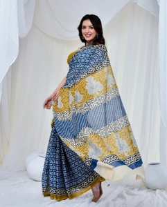 Sari en coton pur imprimé géométrique et floral pour femme KV avec chemisier non cousu (bleu) - Réversible, séchage rapide, idéal pour mariage/fête d'automne - Product Image 6