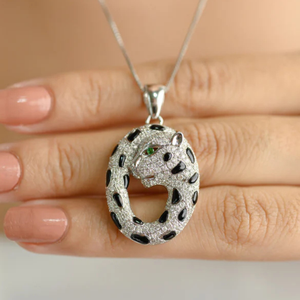 14k <b>Solid</b> White <b>Gold</b> Panther <b>Pendant</b> with Diamond and Onyx-Rhodium Plated Claw Setting - Product Image 1