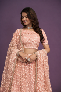 Pink Embroidered Lehenga Set <b>Net</b> Dupatta Crop <b>Top</b> and Skirt Traditional Indian Wedding Outfit - Product Image 4