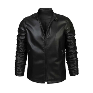 Veste moto en cuir PU noir pour homme, coupe ajustée, fermeture éclair, col rabattu, manches classiques, style automne - Product Image 1