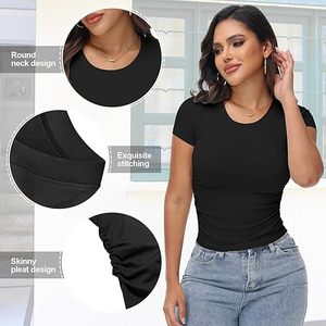 Aura Ruched Womens Short Sleeve Crew Neck T <b>Shirts</b> Summer 2026 <b>Y2k</b> Slim Fit Tees Stretchy Basic Tee <b>Shirts</b> Crop Tops Fashion - Product Image 4