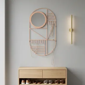 Artisan Design Oval Metal Wall <b>Mirror</b> Jewelry <b>Hooks</b> Modern Minimalist Design Decorative <b>Hanging</b> Pink Color Easy Installation - Product Image 3