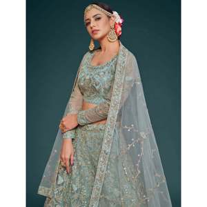 <b>Wedding</b> Wear Plus Size Embroidered Net Lehenga Choli in Sky Blue - Product Image 4